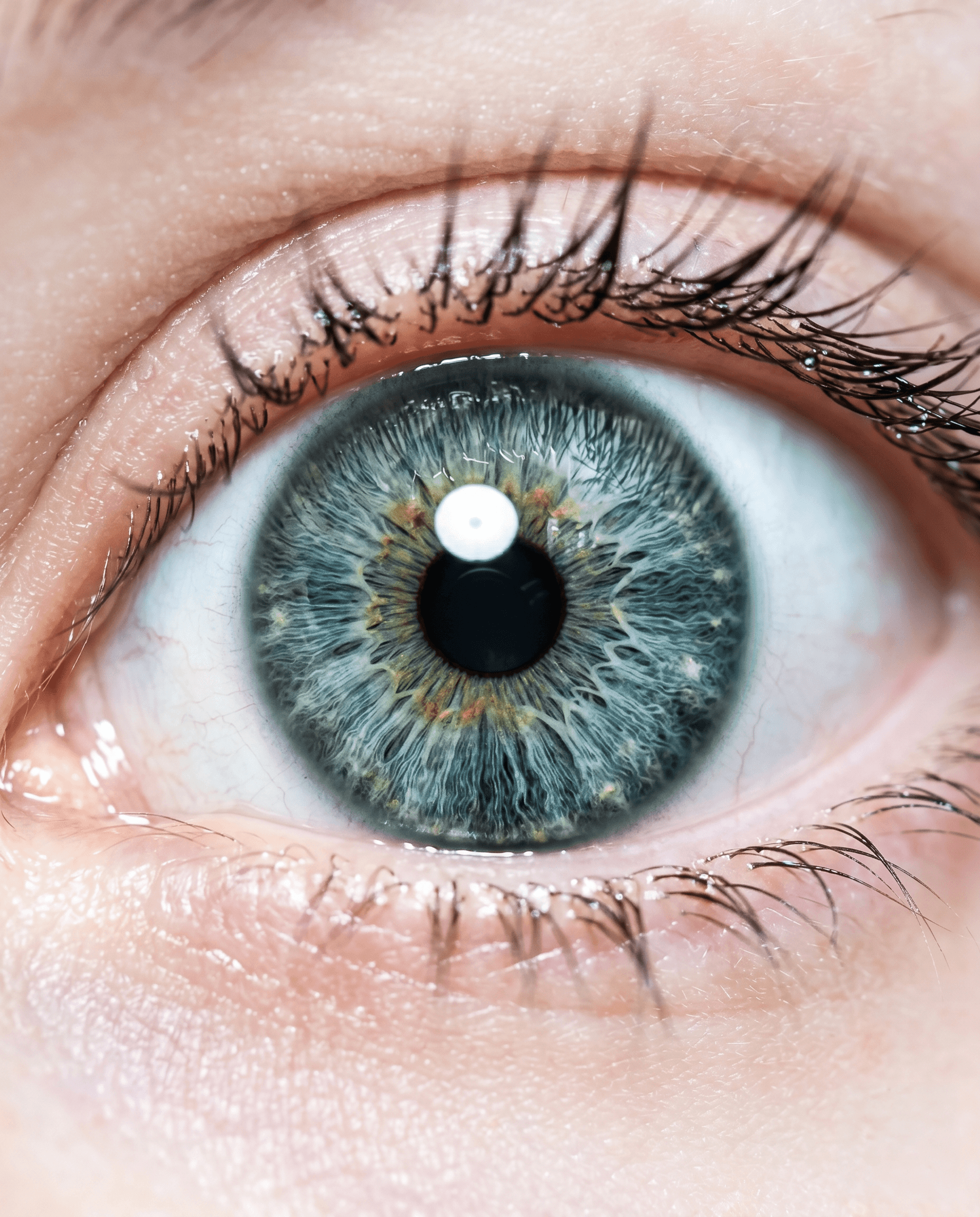 Ultra-high-definition macro photograph of a blue-green iris flecked with gold — a customer's eye