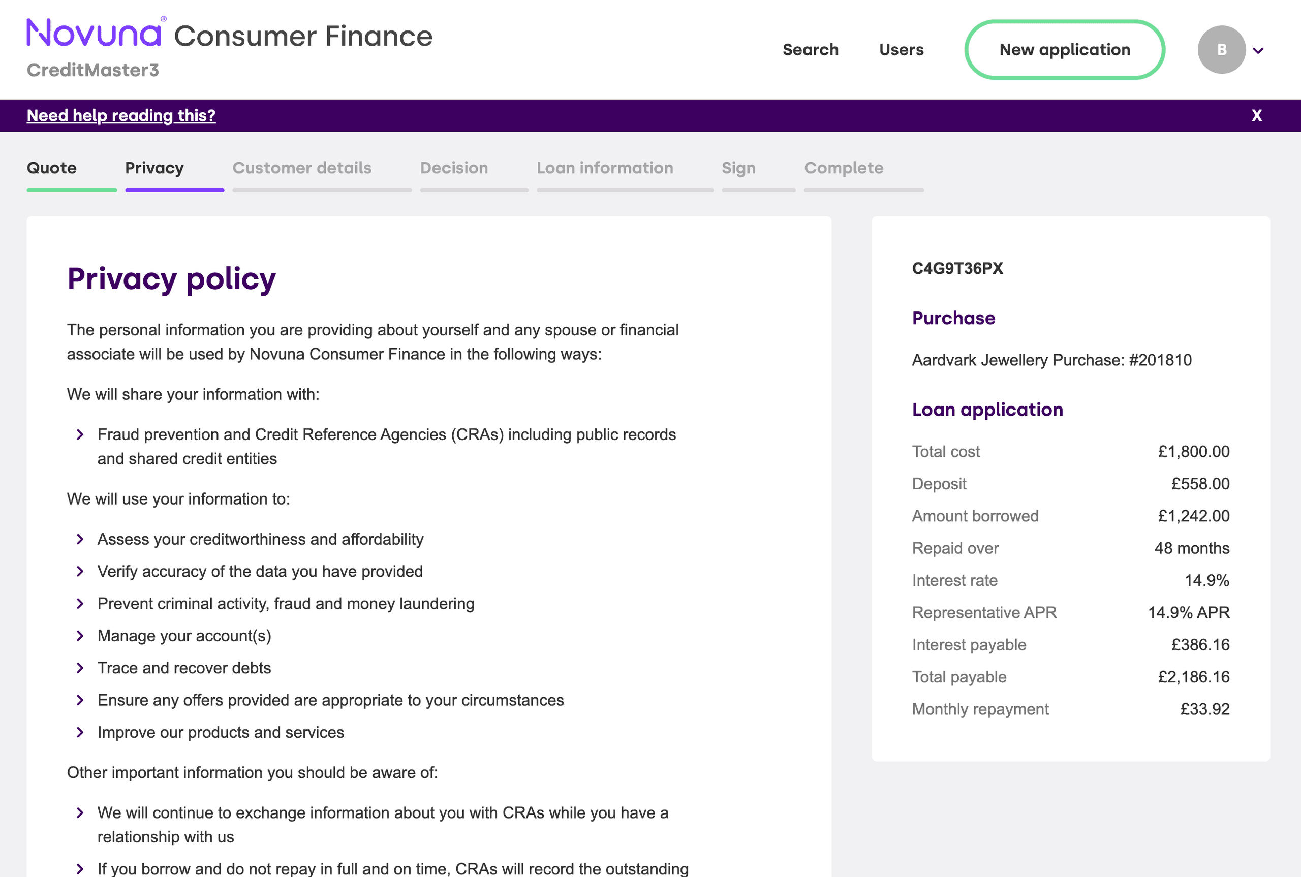 Apply for finance
