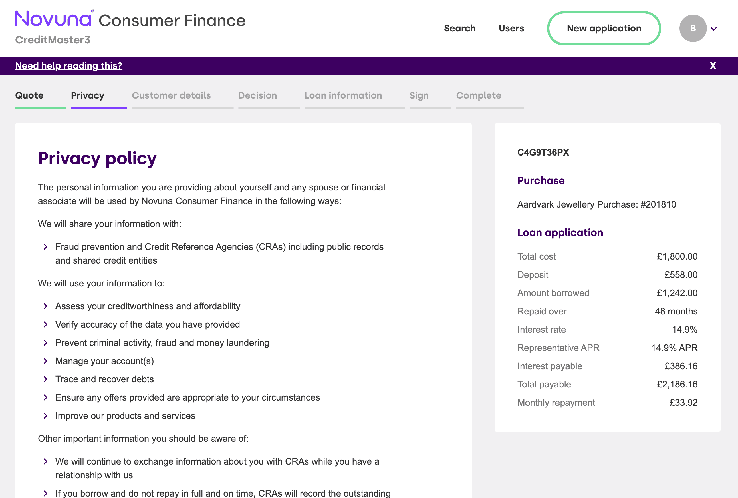 Apply for finance
