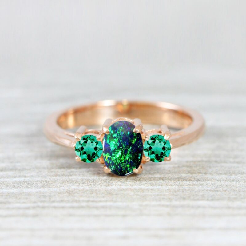 opal and emerald engagement ring handmade trilogy three stone in gold or platinum unique – Aardvark Jewellery