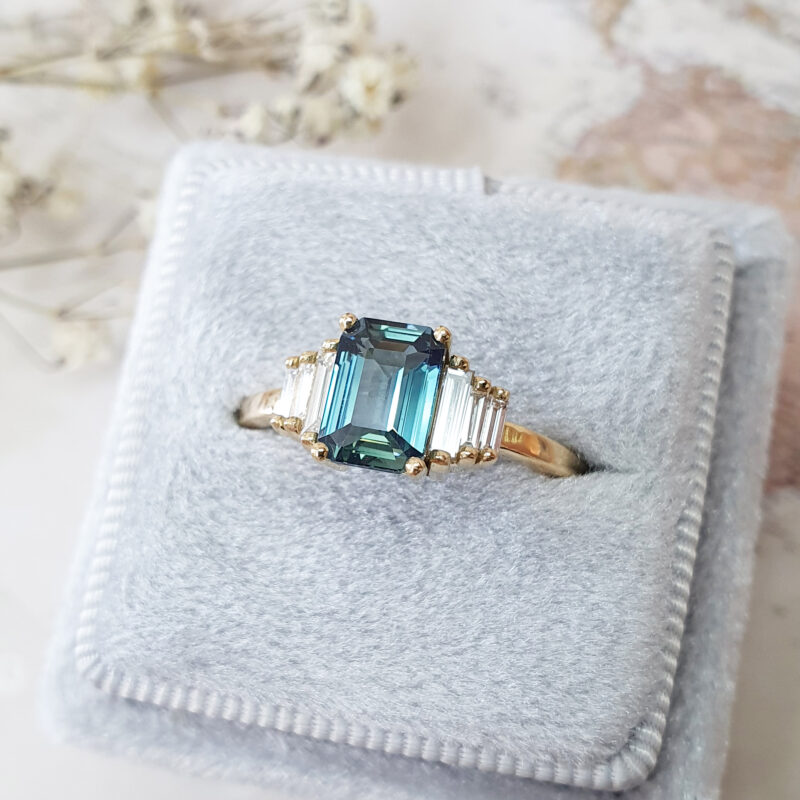 Teal Emerald Cut Sapphire and Diamond Three Stone Ring | Pravins