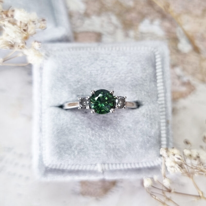 Wreed thee klassiek Dark green sapphire and salt and pepper diamond trilogy ring – Aardvark  Jewellery