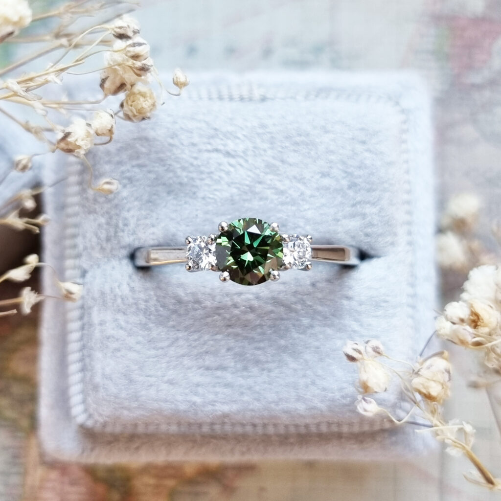 Blue Green Oval Cut Moissanite Halo Ring, 14k White Gold Oval Engagement  Ring For Her, Everyday Wear Moissanite Split Shank Gift Ring – CaratandKraft