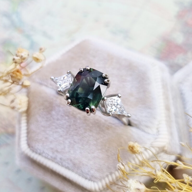 Green Sapphire and Diamond Seven Stone Ring - London Victorian Ring UK –  The London Victorian Ring Co